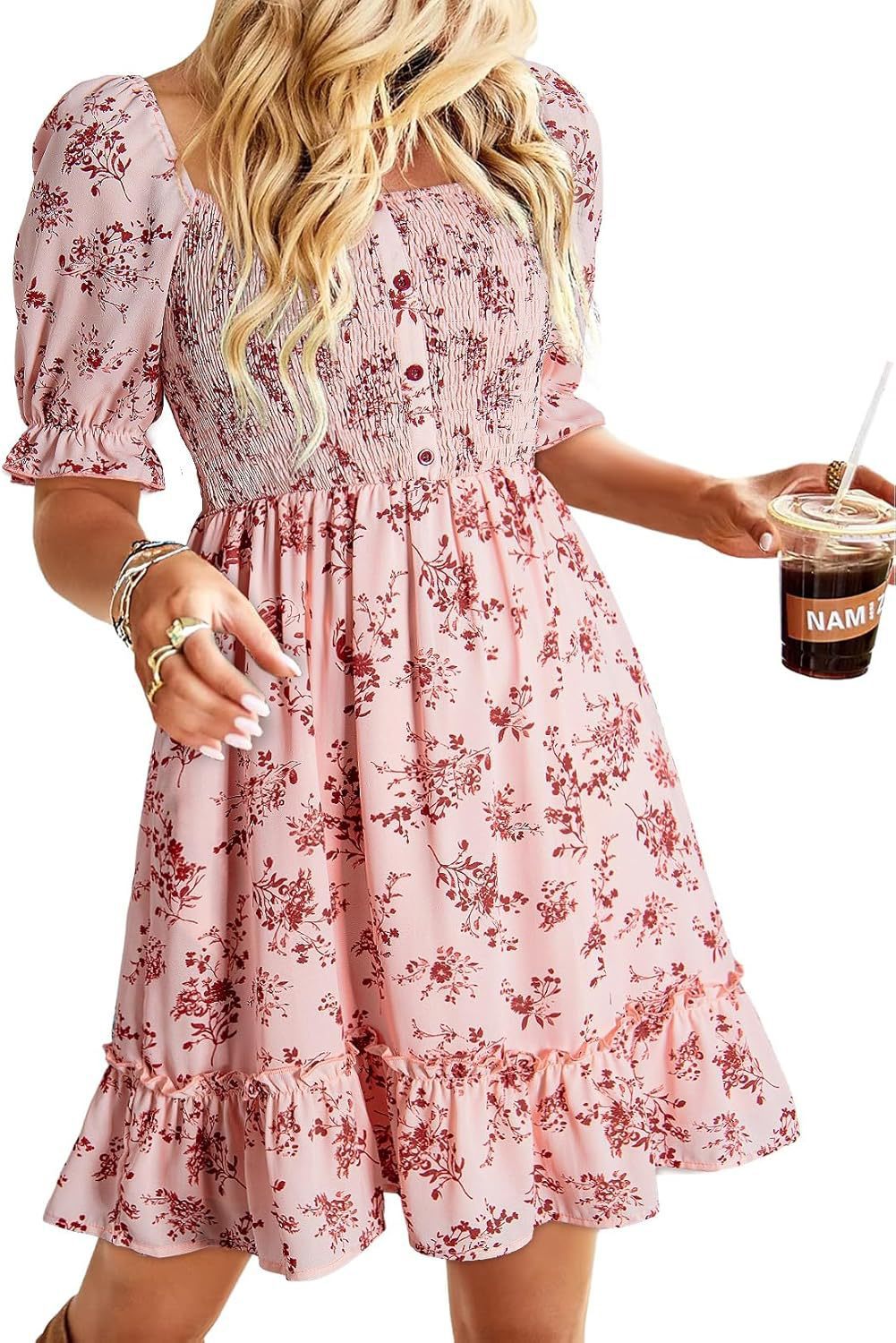 Damen romantisches Sommerkleid mit Puffärmeln und Rüschen R&B