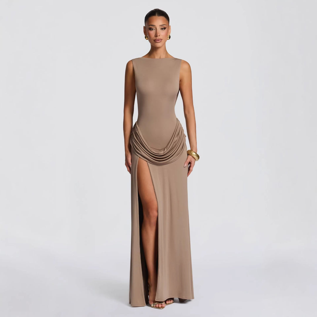 Damen elegantes Wickel-Maxikleid mit asymmetrischem Rüschendesign und sexy Schlitz R&B