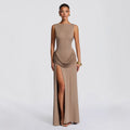 Damen elegantes Wickel-Maxikleid mit asymmetrischem Rüschendesign und sexy Schlitz R&B