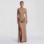 Damen elegantes Wickel-Maxikleid mit asymmetrischem Rüschendesign und sexy Schlitz R&B