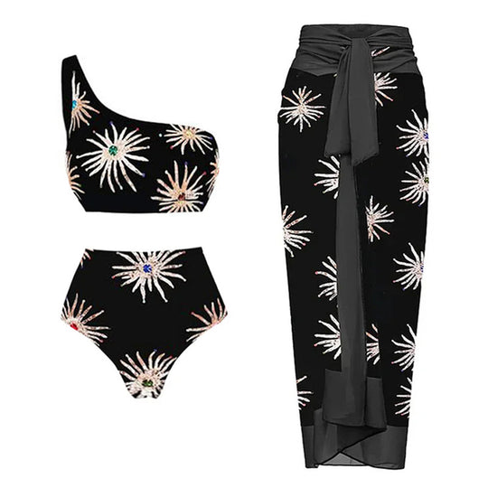 Damen Elegantes asymmetrisches Bikini-Set mit funkelndem Blumendesign R&B