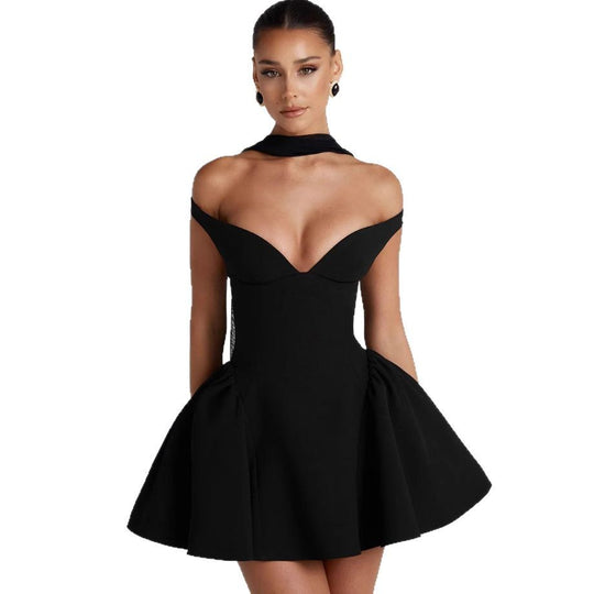 Damen Couture Cocktailkleid mit schulterfreiem Design und voluminösem Rock R&B