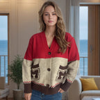 Damen Strickjacke mit dekorativen Taschen und modernem Farbblockdesign R&B