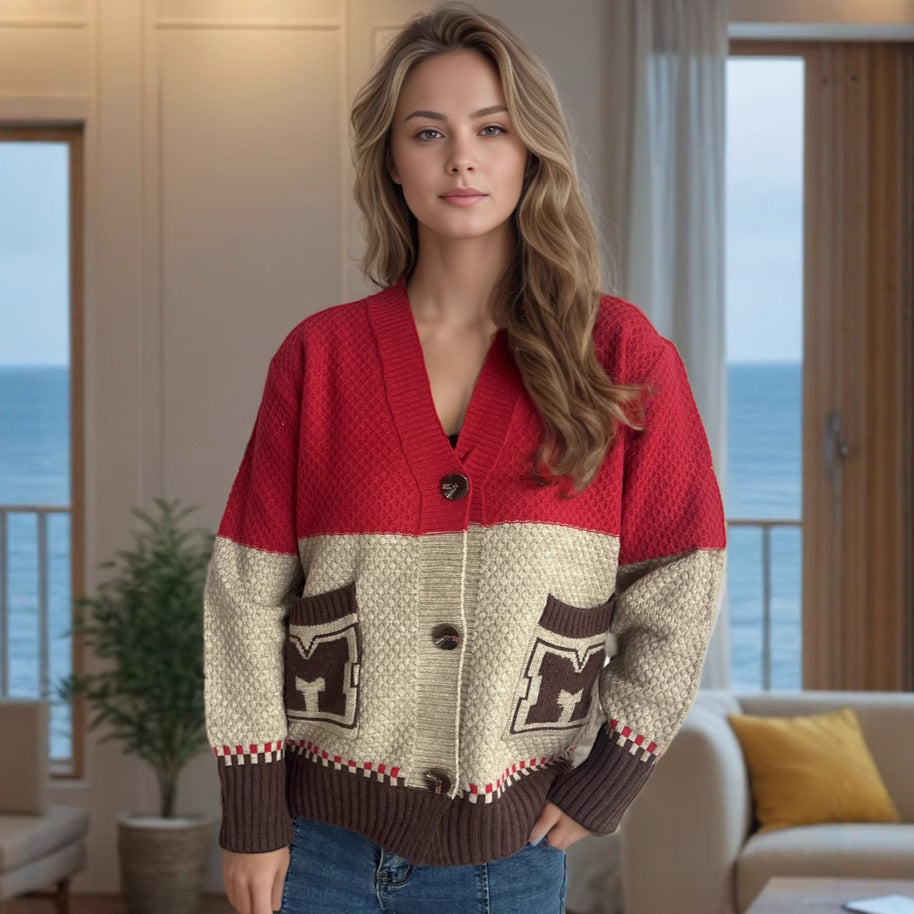 Damen Strickjacke mit dekorativen Taschen und modernem Farbblockdesign R&B