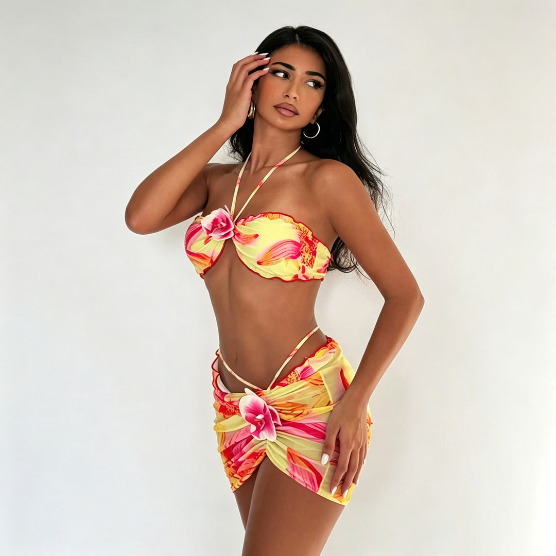 Damen Bandeau-Bikini mit floralem Wickelrock R&B
