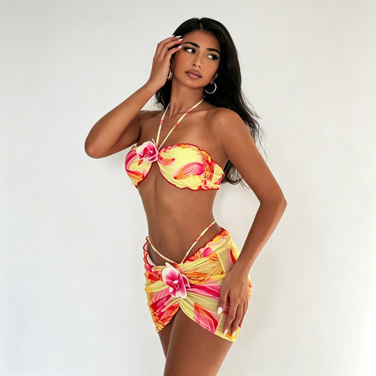Damen Bandeau-Bikini mit floralem Wickelrock R&B