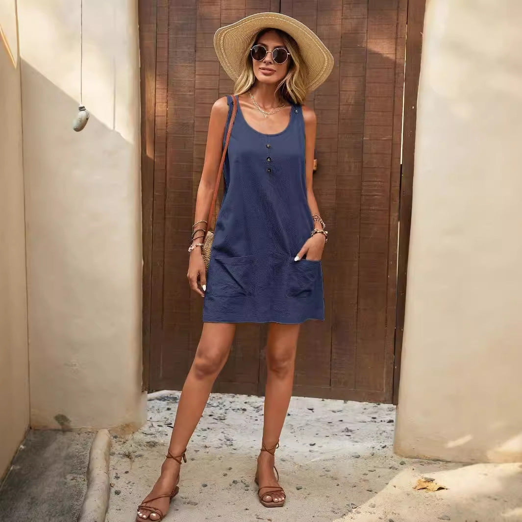 Damen Lässiges Sommerkleid mit Taschen und Knopfdetails R&B