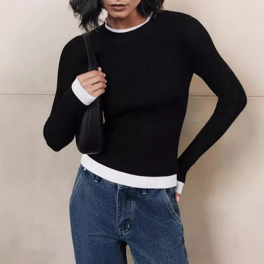 Damen figurbetontes Strickoberteil mit kontrastierenden Bündchen R&B