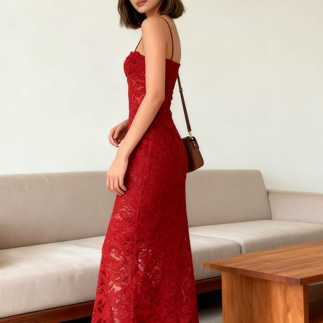 Damen Elegantes langes Spitzenkleid mit gerafftem Detail und schmalen Trägern R&B