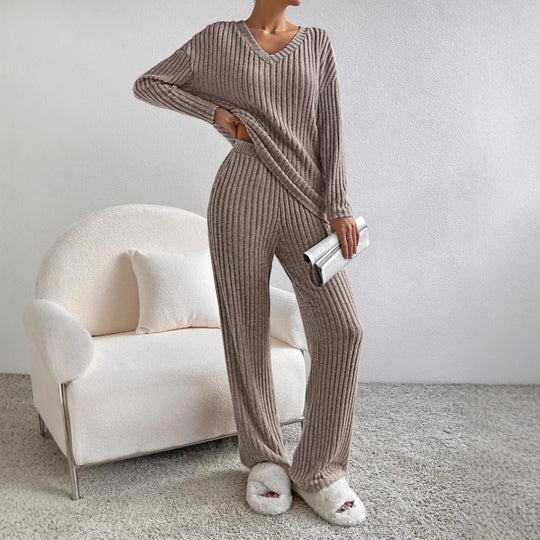 Damen Lässiges Strick-Lounge-Set aus weichem, geripptem Material R&B