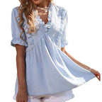 Damen luftige Bluse mit Rüschendetails und V-Ausschnitt R&B