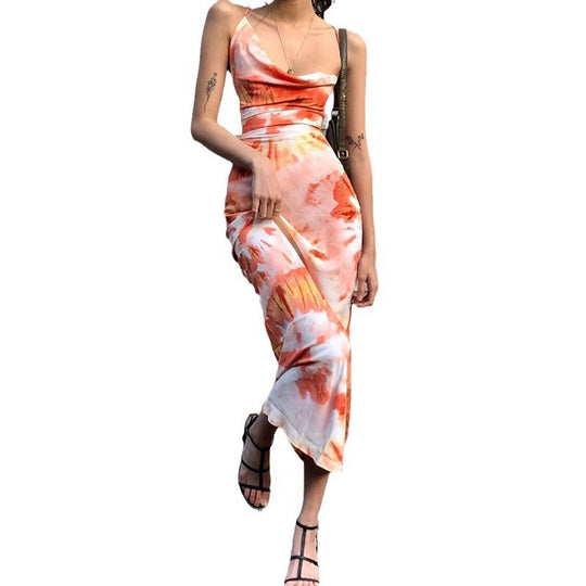 Damen langes Sommerkleid mit floralem Druck und verstellbaren Spaghettiträgern R&B