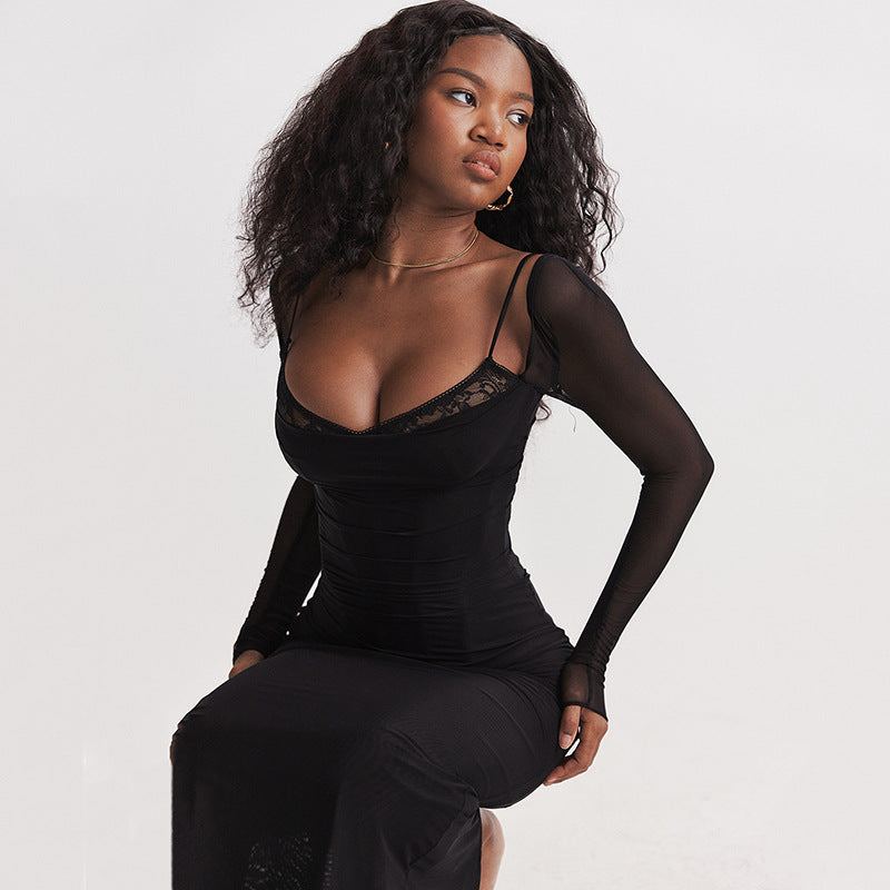 Damen Elegantes Maxikleid mit transparenten Ärmeln und betontem Rüschensaum R&B