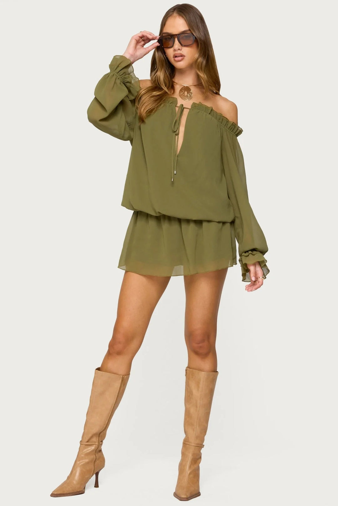 Damen Off-Shoulder Kleid mit voluminösen Puffärmeln und Rüschensaum R&B