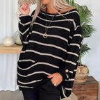 Damen lässiger Strickpullover mit elegantem Streifenmuster und praktischer Brusttasche R&B