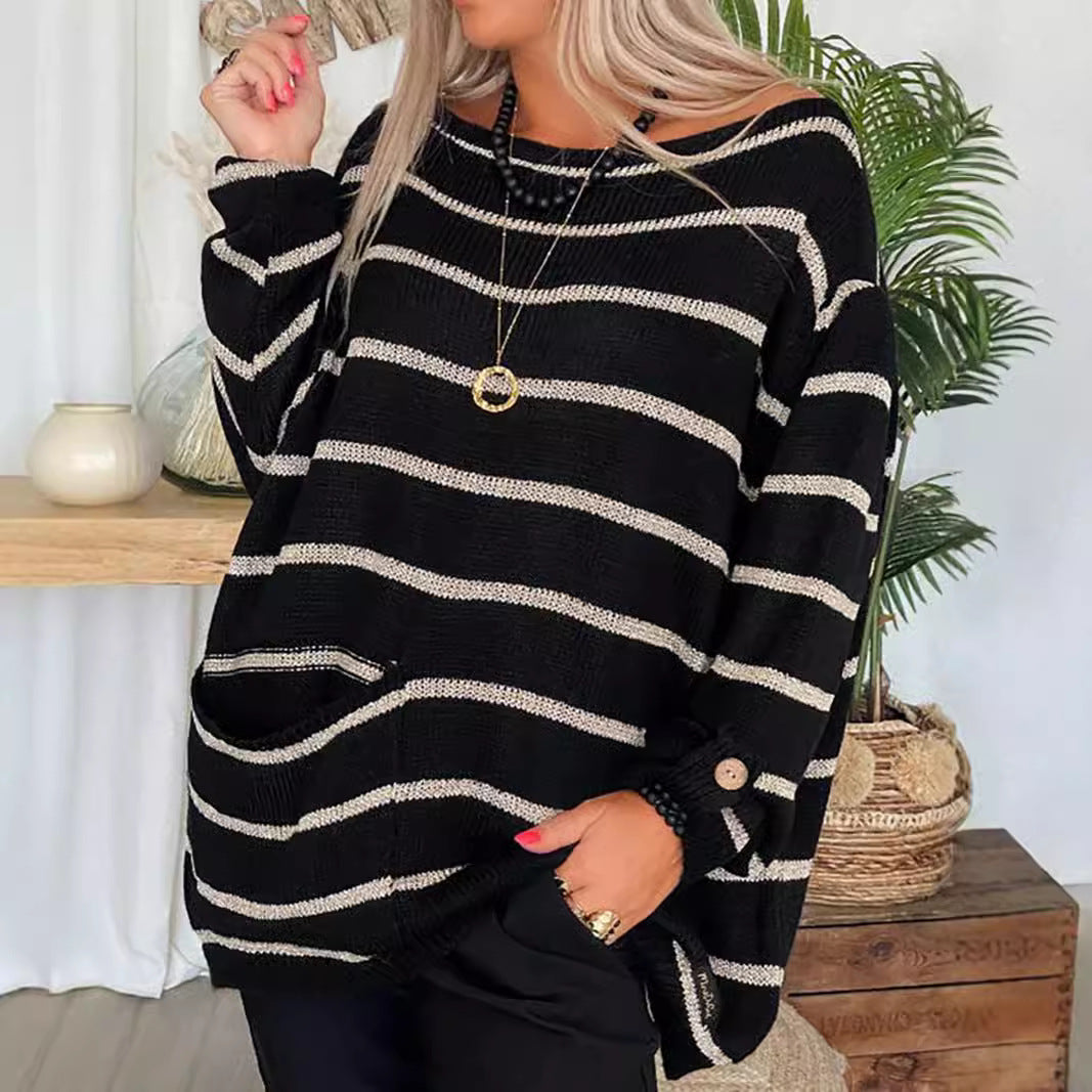 Damen lässiger Strickpullover mit elegantem Streifenmuster und praktischer Brusttasche R&B