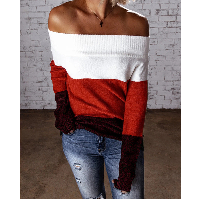 Damen schulterfreier Strickpullover mit modernem Farbblockdesign R&B