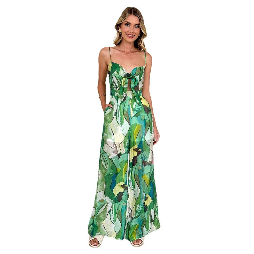 Damen Eleganter Jumpsuit mit floralem Design und verstellbaren Spaghettiträgern R&B