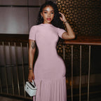Damen Maxi-Kleid mit elegantem halblangen Ärmel und voluminösem Rock R&B