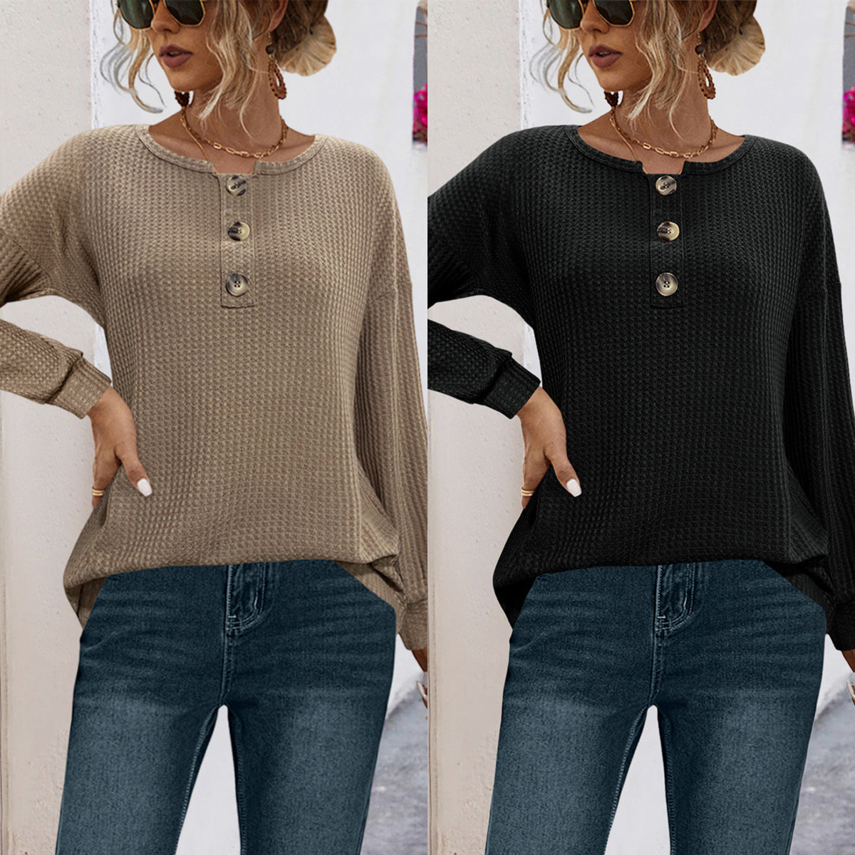 Damen lässiger Strickpullover mit dekorativen Knöpfen und weitem Schnitt R&B