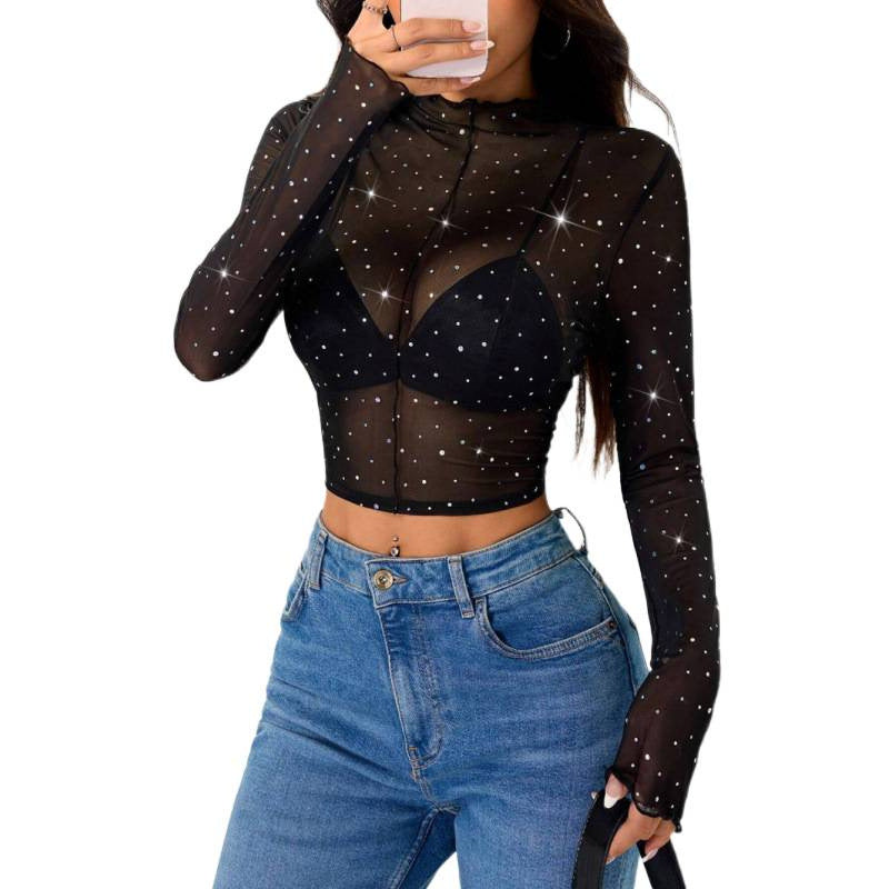 Damen Sexy Crop-Top aus transparentem Netz mit funkelnden Akzenten R&B