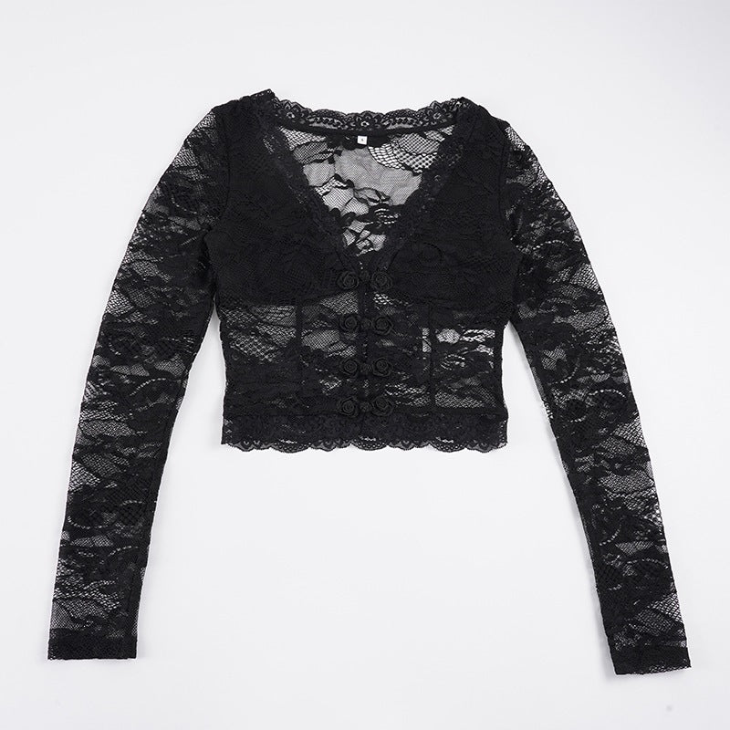 Damen Spitzentop mit romantischem Design und langen Ärmeln R&B