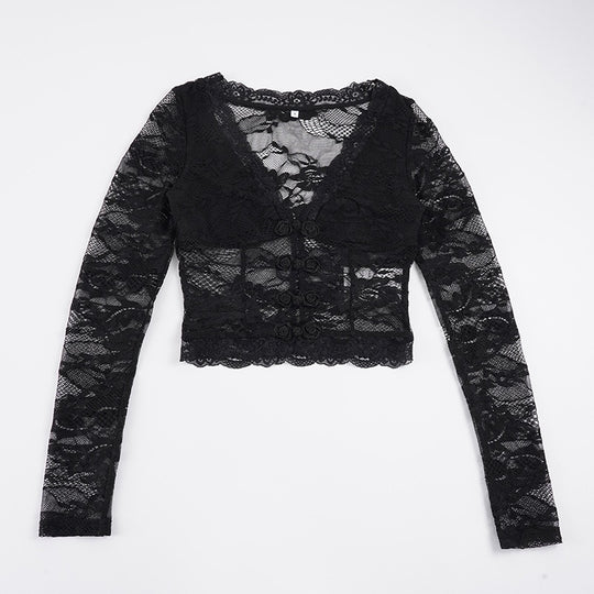 Damen Spitzentop mit romantischem Design und langen Ärmeln R&B