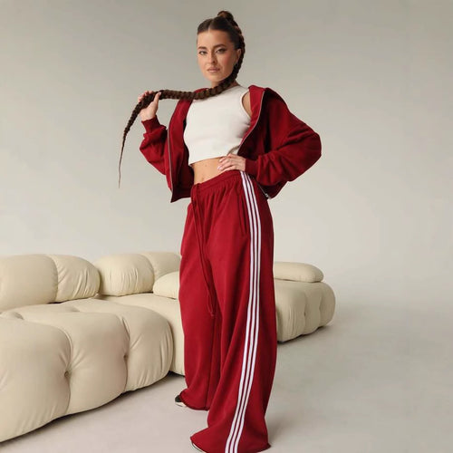 Damen Trendiges Sport-Lounge-Set mit cropped Sweatjacke und weit geschnittenen Jogginghosen R&B