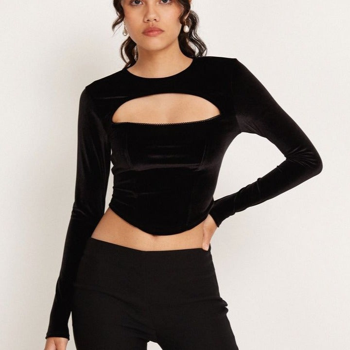 Damen Cropped Langarmoberteil mit innovativem Cut-Out-Design R&B