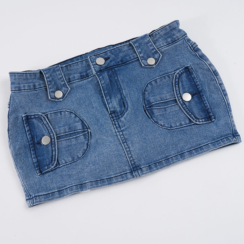 Damen Minirock aus Denim mit praktischen Taschen und Druckknopfverschluss R&B