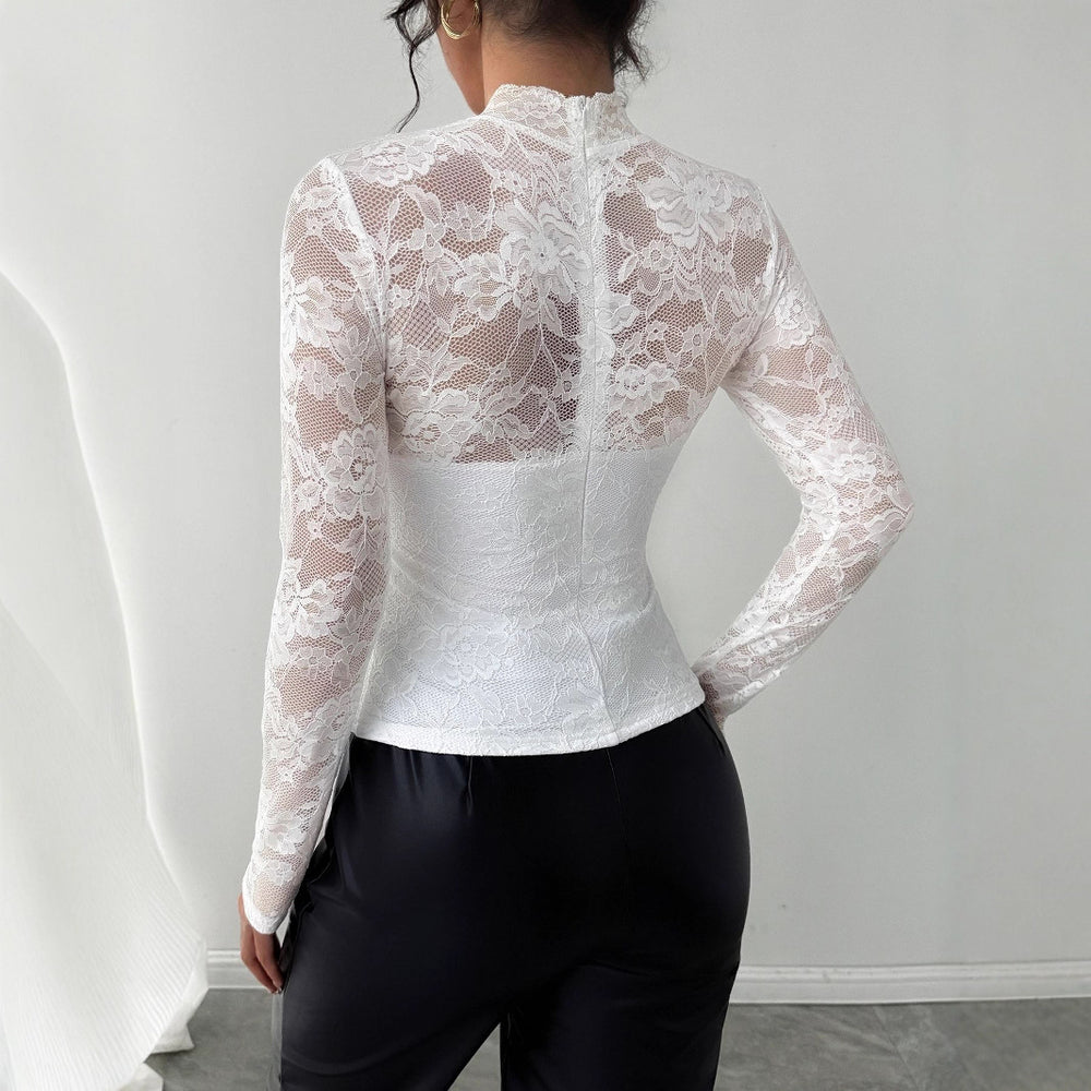 Damen Elegantes Spitzenoberteil mit hochgeschlossenem Kragen und langen Ärmeln R&B