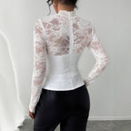Damen Elegantes Spitzenoberteil mit hochgeschlossenem Kragen und langen Ärmeln R&B