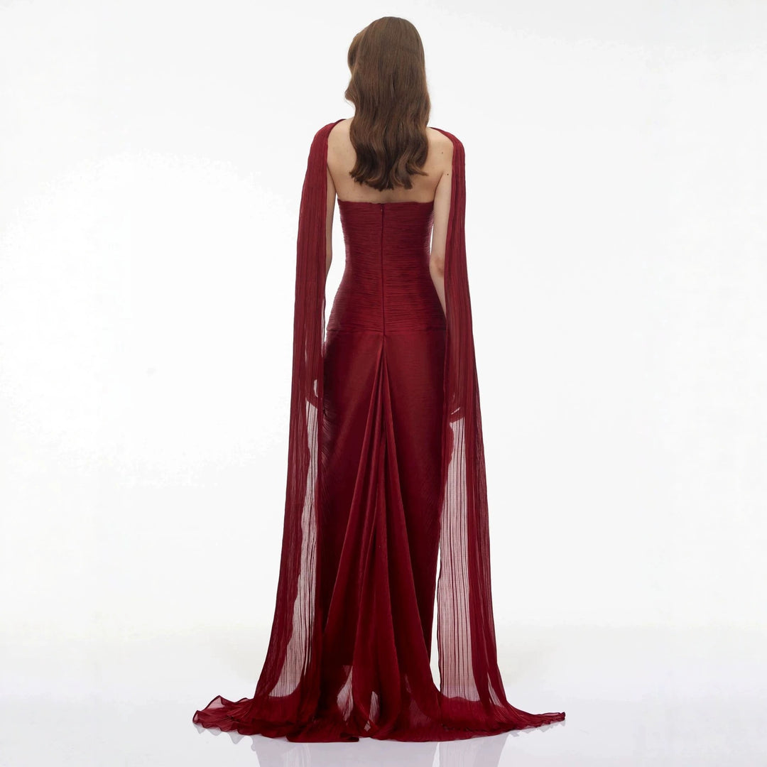 Damen Elegantes Maxikleid mit schulterfreier Silhouette und drapierter Cape-Optik R&B