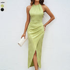 Damen Elegantes Maxikleid mit hohem Kragen und seitlichem Schlitz R&B