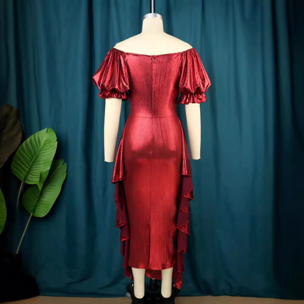 Damen elegantes Kleid mit voluminösen Ballonärmeln und asymmetrischem Saum R&B