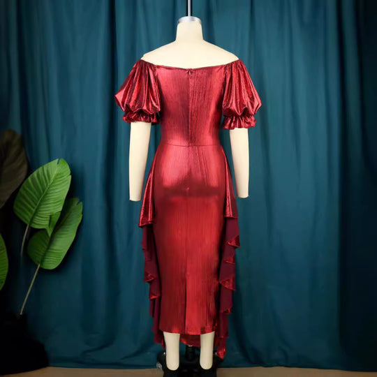 Damen elegantes Kleid mit voluminösen Ballonärmeln und asymmetrischem Saum R&B