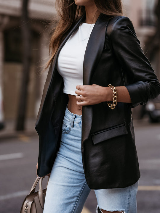 Damen Eleganter Lederblazer mit modernem Schnitt und funktionalem Design R&B
