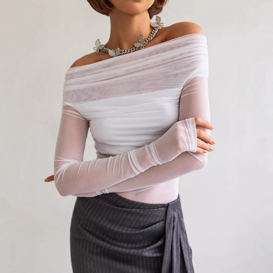Damen Off-Shoulder Langarmshirt aus leicht transparentem Stoff mit raffiniertem Drapierungseffekt R&B