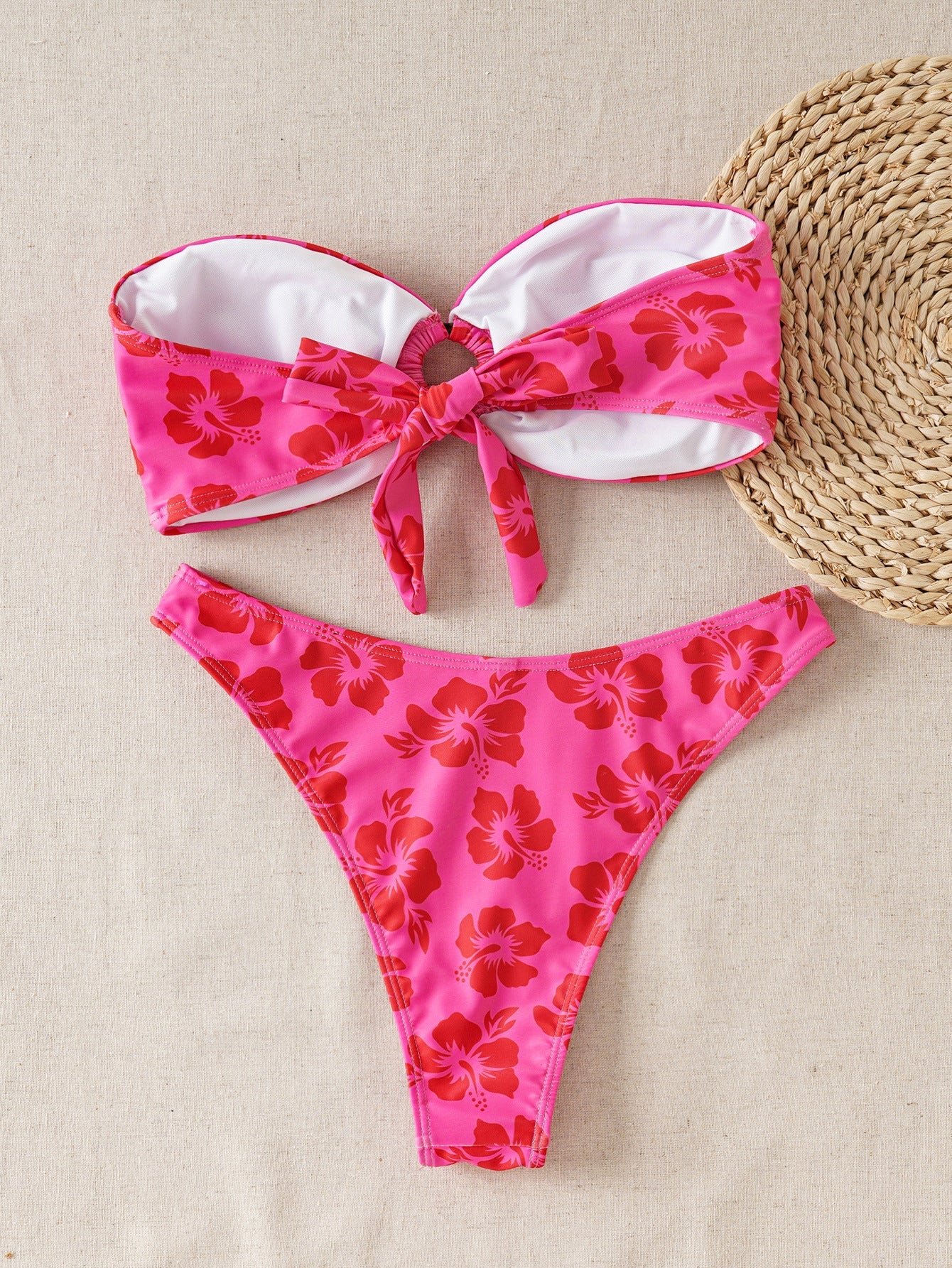 Damen Bandeau-Bikini-Set mit verziertem Knoten und floralem Muster R&B