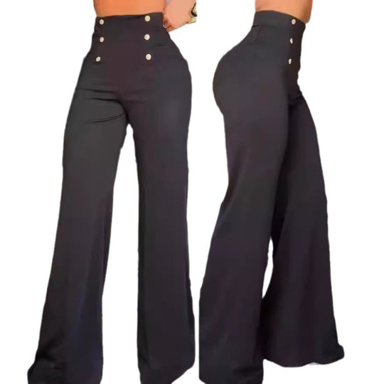 Damen Hochtaillierte Palazzo-Hose mit goldenen Knöpfen R&B