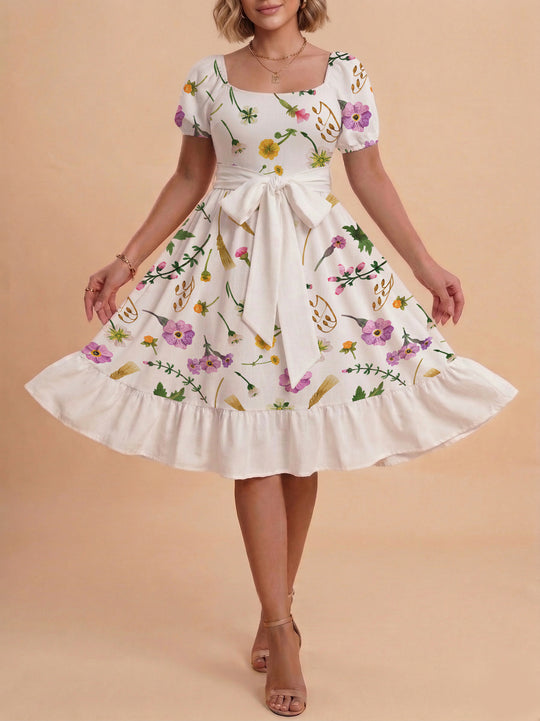 Damen modernes Blumenkleid mit elegantem Taillengürtel und asymmetrischem Saum R&B