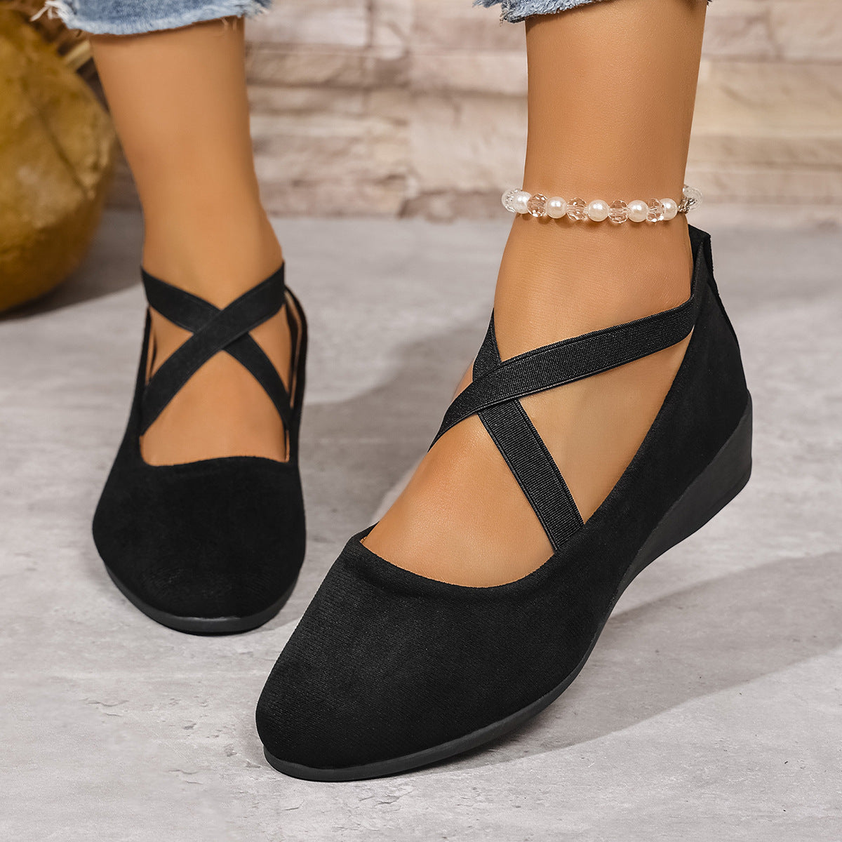Damen Wedge-Ballerinas mit elastischem Kreuzband-Design und rutschfester Sohle R&B