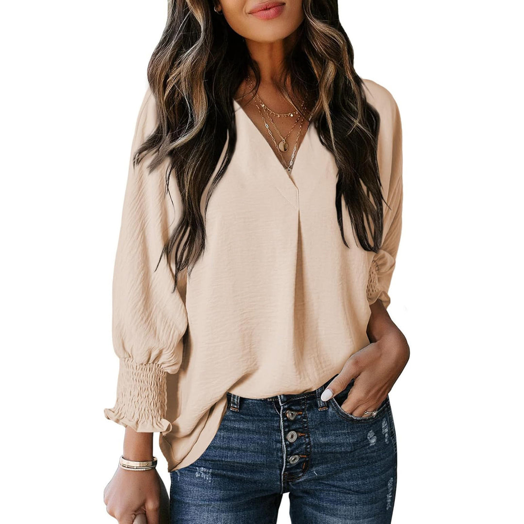 Damen V-Ausschnitt Bluse mit lässigen Ballonärmeln und Rüschendetails R&B