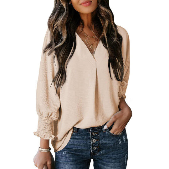 Damen V-Ausschnitt Bluse mit lässigen Ballonärmeln und Rüschendetails R&B