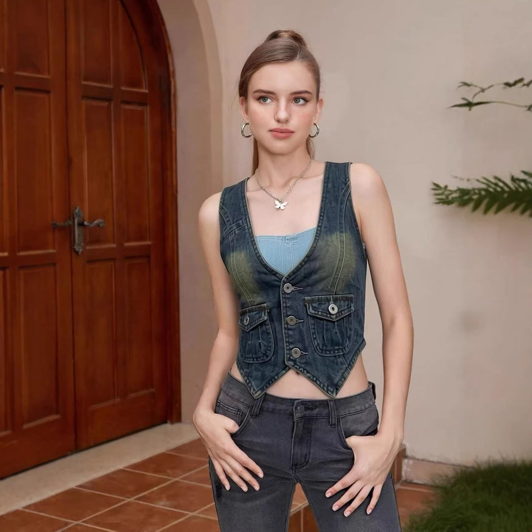 Damen ärmellose Denim-Weste mit aufgesetzten Taschen und tiefem V-Ausschnitt R&B