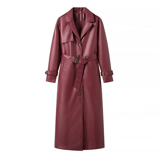 Damen elegante Kunstleder Trenchjacke mit Gürtel und hohen Revers R&B