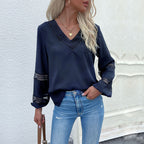 Damen elegante Bluse mit Spitzenakzenten und V-Ausschnitt R&B