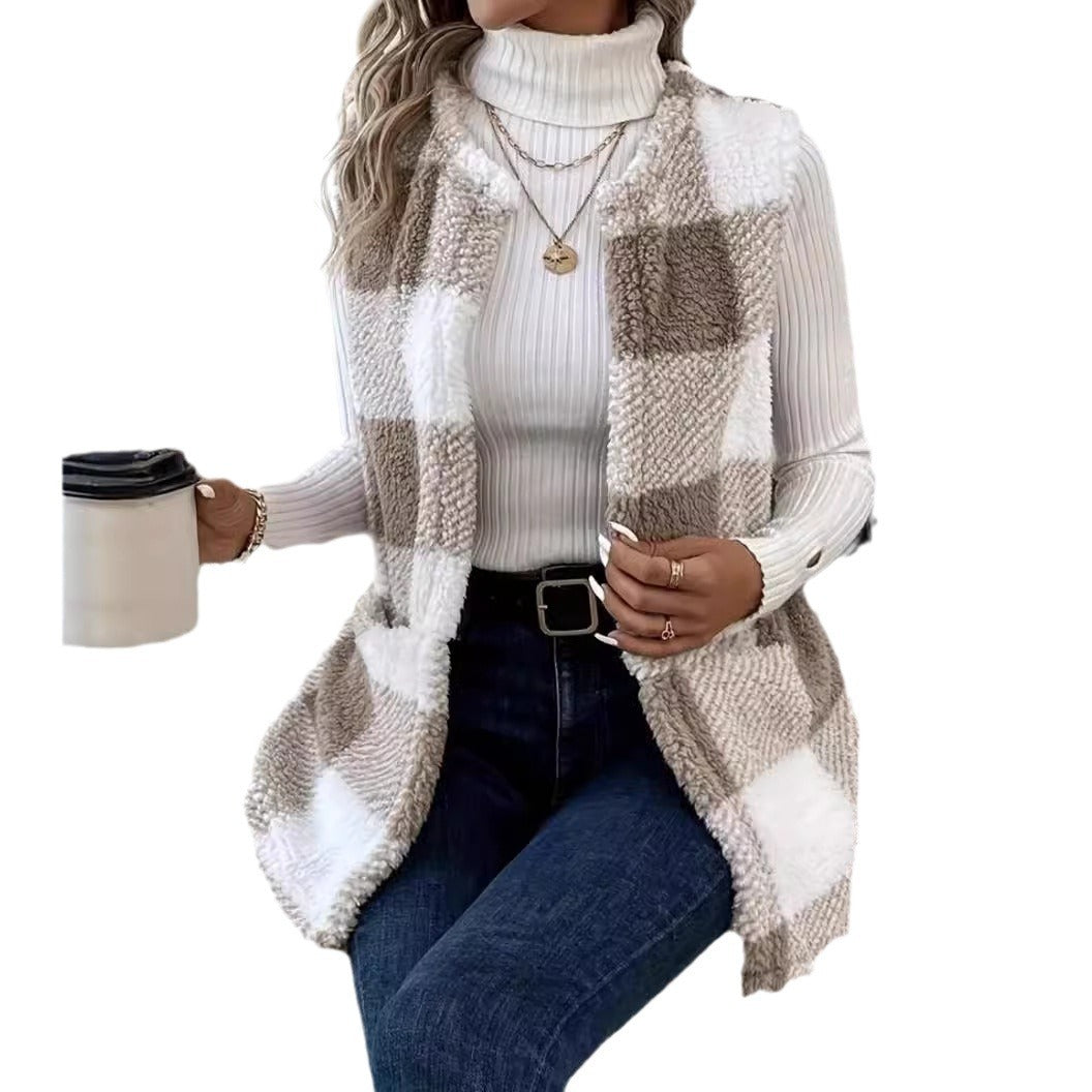 Damen Weicher Plaid-Weste mit seitlichen Taschen und gemütlichem Schnitt R&B