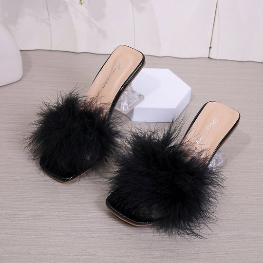 Damen transparente Mules mit flauschigem Flausche-Akzent R&B