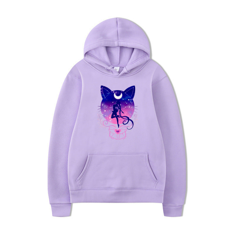 Damen Kapuzenpullover mit künstlerischem Katzenmotiv und bequemer Passform R&B